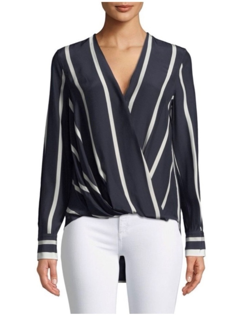 Rag & Bone Women’s Sz L Silk Navy White Stripe Blouse Debbie Faux Wrap